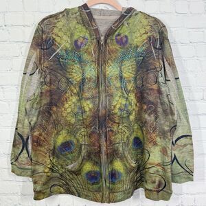 One World Cardigan Women Size 3X Fairy Cottage Rhinestone Peacock Abstract Top